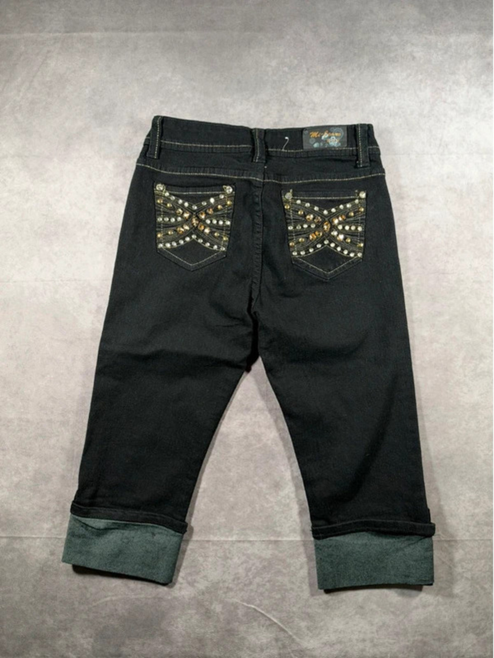 Vintage Mi-Jeans Womens Y2K Black Rhinestone Capri Jeans Cuffed 5
